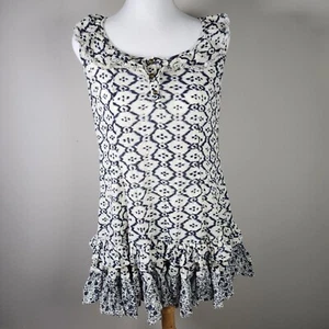 ALEKA KEY Mini Tank Dress Womens 8 Black White Aztec BOHO Festival Ruffle Cotton - Picture 1 of 24