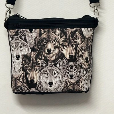 Crossbody Purse Wolves Handmade Fabric Canavs Adjustable Strap - Image 1 of 4