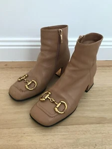 On trend camel brown square toe block heel boots chain detail size 37 EU 6.5 AU - Picture 1 of 8
