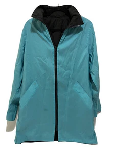 Womens Reversible Zip Up Waterproof Jacket Teal Blue Black W/ Hidden Hood Large - Picture 1 of 10