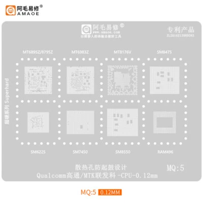 Amao MQ1 MQ2 MQ3 MQ4 MQ5 BGA Reballing Stencil Pianta Rete di Latta per Qualcomm PM MTK - Immagine 1 di 4
