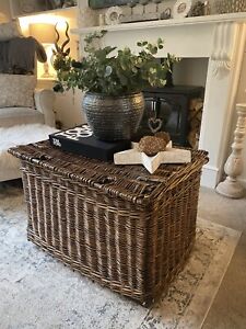 Antique Vintage Large Wicker Laundry Basket Ottoman Coffee Table Storage Trunk