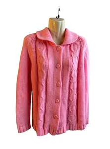 Vintage Sears Mary Lewis Acrylic Sweater Size L Barbie Pink Button Front As Is - Picture 1 of 9