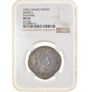 [#877789] Coin, France, Henri II, Teston, 1555, Bayonne, NGC, MS64, MS(64), Silv - Picture 1 of 2
