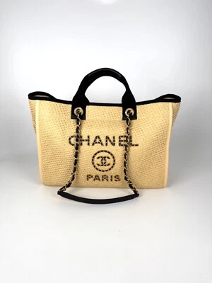Authentic CHANEL Deauville Straw Raffia Calfskin Beige Medium Shopping Tote - Image 1 of 4