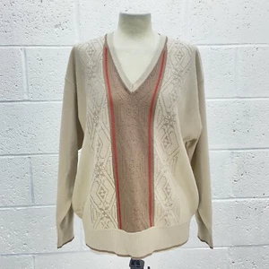 GABICCI TAN VINTAGE KNITTED SWEATER WOOL JUMPER CABLE V NECK PREMIUM BROWN UK L - Picture 1 of 6