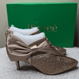 NIB J Renee Elettra Pointy Toe Booties Sz 7.5 BEIGE SATIN/RH - Picture 1 of 8