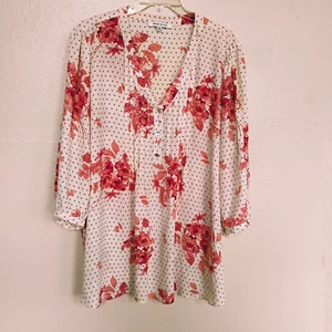 Rose & Olive Blouse Cream/Coral Floral 3/4 Slv V-Neck PolyesterTop Plus Size 2X - Picture 1 of 8