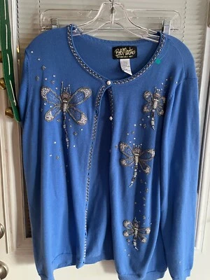 Bob Mackie Wearable Blue Cardigan Sweater Beads Dragonflies Bling Barely Worn LG - Image 1 of 4