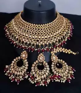 Indian Bridal Wedding Jewelry Pearl Crystal Diamond Gold Necklace Earring Set - Picture 1 of 19