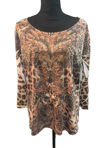 Reba Damen Bluse Größe 3X Braun Animal Print Verziert 3/4 Ärmel Tshirt - Bild 1 von 7