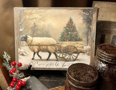 Primitive Christmas Sheep Folk Art Flat BoardCanvas Sign #1 - Image 1 of 3