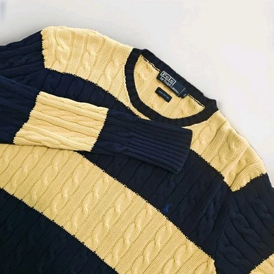 Suéter Vintage Polo Ralph Lauren Para Hombres XL Tejido con Cable Rayas Amarillo Azul Años 90 Foto 1 de 4