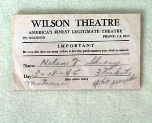 DETROIT Michigan WILSON THEATER 1945 Ticket Envelope LONDON CHOP HOUSE Perch Kin - Picture 1 of 2