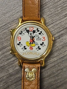 Vintage Lorus Disney Mickey Mouse Melody Watch Brown Leather Band Gold Tone - Picture 1 of 6