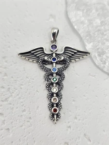 Caduceus 925 Sterling Silver Chakra Stones Pendant Doctor Nurse Gift - Picture 1 of 3