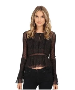 Free People Black Sheer Lace Peplum Blouse Women’s Size M Vampire Romantic - Picture 1 of 6