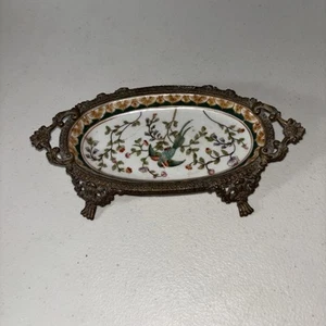 Wong Lee 1895 Intricate Footed Brass And Crackled Porcelain 8” Trinket Dish - Picture 1 of 6