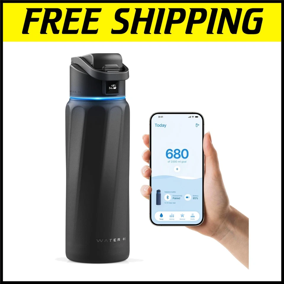 Бутылка для отслеживания воды изолированная без бисфенола 32 унции - умное напоминание, черная сталь - Изображение 1 из 4