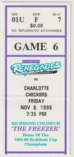 1996 ECHL Richmond Renegades ticket stub vs Charlotte Checkers 11/8