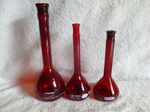 3 Vintage PYREX KIMAX Ruby Red Glass Beakers-3 Heights-Great Bud Vases-EXC A+ - Picture 1 of 6