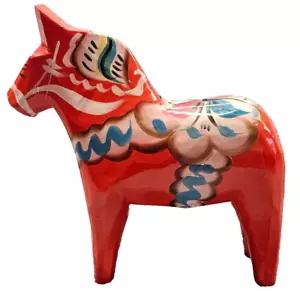 Vintage Nils Olsson 7" Red blue Wooden Swedish Dala Horse Akta Dalahemslojd - Picture 1 of 15