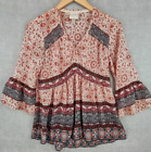 Knox Rose Top Womens Extra Small Red Peach Boho Bell Sleeve Flowy Tunic