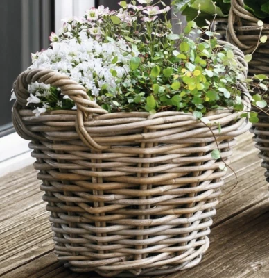 Rattan Korb Klein Korb Gefecht Griffe Garten Terrasse Pflanzenkorb Ø 29 H.24 cm - Bild 1 von 2