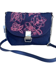 Vera Bradley Carson RFID Mini Tracolla Tessuto Classico Navy Floreale Ricamato - Foto 1 di 14