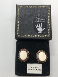 Natural Stone Earrings Handcrafted By Natives In Alaska, Cream Agate/Glass Beads - Picture 1 of 13