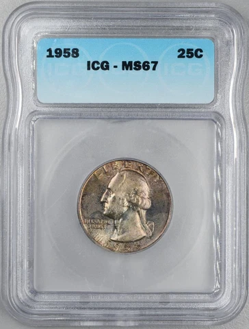1958 Washington Quarter - ICS MS67 - Mint Set Toned Cover