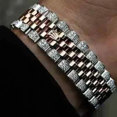 3CT Round Cut Lab Created Diamond Men's Cuban Bracelet 14K Rose Gold Finish - Image 1 of 3