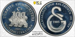 TÜRKEI SILBERPROOF 20 LIRA MÜNZE 2005 KM #1190 GALATASARAY CLUB PCGS PR67 TOP - Bild 1 von 1
