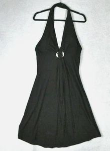 Vintage 90s CACHE Black Halter Dress 14 Fit Flared Hem Stretch Midi Y2K Vtg USA - Picture 1 of 10