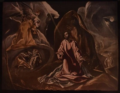 VINTAGE magische Laternenfolie DIE QUAL IM GARTEN VON EL GRECO UM 1950 KUNSTFOTO - Bild 1 von 2