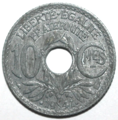 Vichy France 10 Centimes Coin 1941 KM#  896 French Underlined Dots Zinc WWII Ten - Image 1 of 2