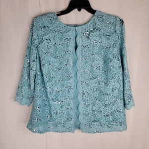 Alex Evenings Womens 1X Scalloped Hem Sequin Lace Overlay Seafoam Formal Top - Picture 1 of 8