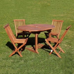 Set tavolo tondo allungabile e 4 sedie pieghevoli in legno teak - Foto 1 di 8