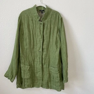 Eileen Fisher Double Weave Linen Stand Collar Long Jacket Green Size 2X Coastal - Picture 1 of 10