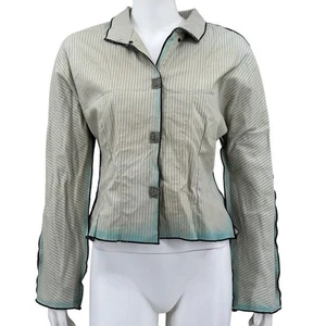 Deborah Cross Jacket Womens Medium Tan Blue Blazer Textile Artist Art To Wear - Picture 1 of 10