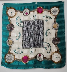 vintage Louis Féraud silk scarf in clock-themed design white base, green frame - Picture 1 of 8