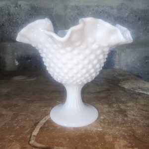 FENTON Hobnail Milk Glass Round Pedestal Compote Candleholder Ruffled Crimped 6" - Picture 1 of 6
