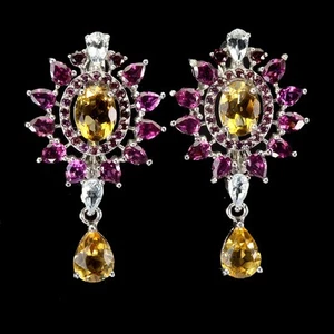 925 Sterling Silver Earrings Oval Citrine 8x6mm Aquamarine Rhodolite Gemstone - Picture 1 of 13
