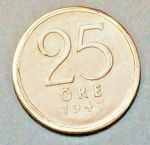 SWEDEN ( 1 ) COIN   25 ORE 1947 TS  EXTRA FINE   0.4000 SILVER - Picture 1 of 2