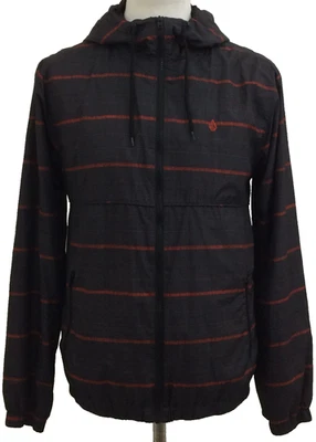 Volcom Men's Hooded Jacket Size M Black /Red Stripes Zip Pockets Hood Used F1 - Image 1 of 4