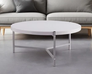 37" White And Silver Wood And Stainless Steel Round Coffee Table - Picture 1 of 7