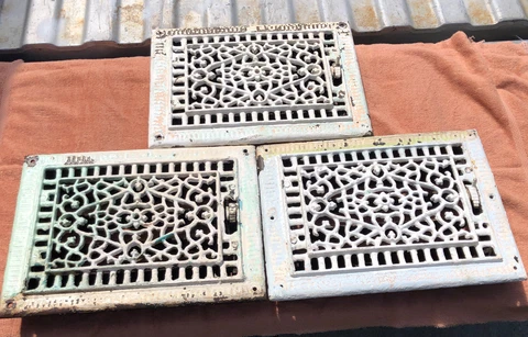 3-Early Milwaukee Cast Iron Floor Grate Heat Register Covers 14x11 With Louvers Cover
