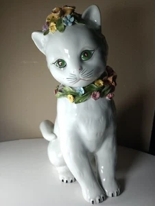 Vintage White Cat W/ Flower Tiara Necklace Statue Large Made In Italy 12” - Picture 1 of 10