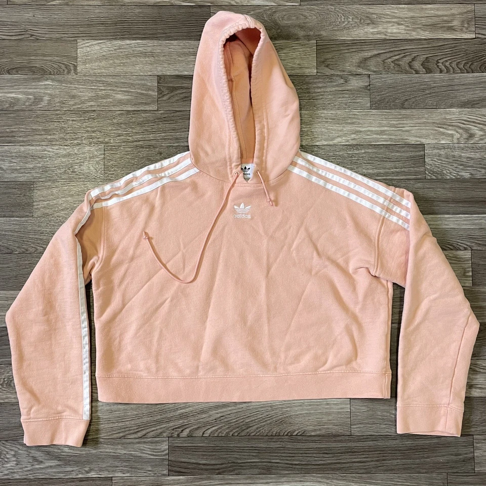 Adidas Cropped Hoodie Sweatshirt Women’s Small Pink White Trefoil Logo 3 Stripes - Image 1 of 4