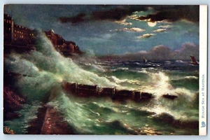 England Postcard Rough Sea at Hastings Moonlight c1910 Oilette Tuck Art - Picture 1 of 2